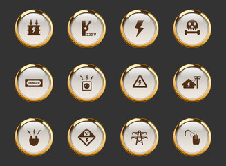 high voltage gold-rimmed vector icons on dark background. high voltage icons in gold frame for web, mobile and ui design