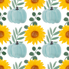 Sunflower watercolor seamless pattern. Yellow flowers garden farmhouse background. Summer flowers, autumn harvest flower with floral elements and pumpkin watercolor illustration on white background