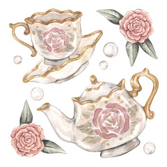 Watercolor vintage illustrations with teapot, cup and saucer, decorated with gold, roses, leaves and pearls. Isolated