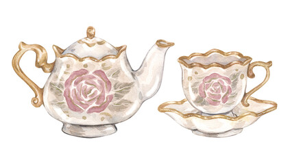 Watercolor vintage illustrations with tea-set: teapot, tea cup and saucer, decorated with gold, roses, leaves. Isolated