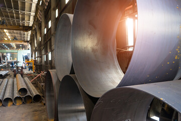 Steel pipes welding or pipe metal on stock at industry that system assembled in  refinery plant workshop factory.