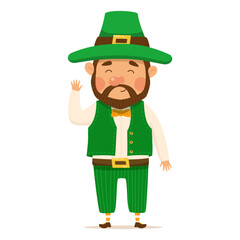 Funny and cute leprechaun with brown beard for St. Patrick's day. Happy leprechaun in a green suit and hat. Vector Illustration isolated on a white background.
