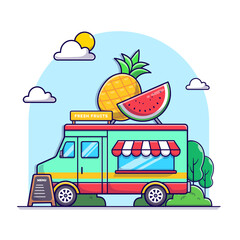 Fruits truck in the park. with big fresh fruits, illustration cartoon street food white isolated
