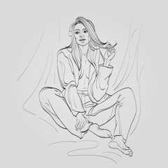 Young fashion model woman in pantsuit posing. Photo shoot, model sits with bare feet, fashion illustration. Hand drawing, sketch, outline, isolated. Vector illustration.