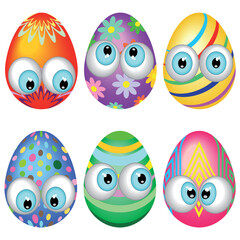 Easter Eggs Cute, Funny and Colorful Decorated Cartoon Characters Set of six Vector Elements illustrations isolated on white
