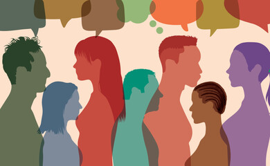 Conversation and communication among diverse groups. Business people with speech bubbles from different cultures. An expression of opinions, evaluations, and feedback. Vector Illustration.