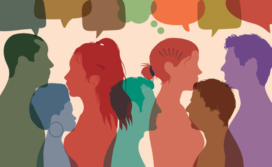 Interactive speech bubble and dialogue group with diverse participants. People of different ethnicities communicating. Talk about globalisation and discussion. Vector Illustration.