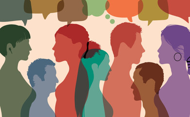 Share ideas and communicate among multiethnic and multicultural people. Vector Illustration. Dialogue and information exchange.	 Speech bubbles. 