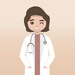 Fototapeta premium Front view doctor character. Doctor character creation set with face emotions, poses and gestures. Cartoon style, flat vector illustration.Female doctor. finger pointing up, holding clipboard.