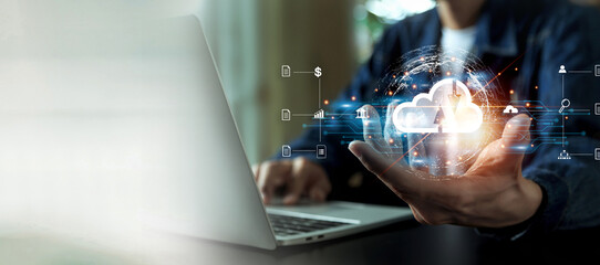 Bussiness  hand using laptop with virtual popup icon of cloud computin Storage and data transfer Cloud network , Cloud technology. Networking and internet service concept.