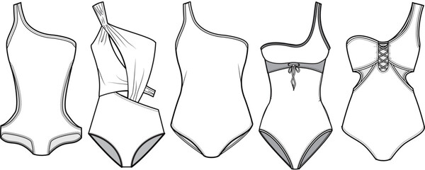 One Shoulder One Piece Swimsuit Set Fashion Illustration, Vector, CAD, Technical Drawing, Flat Drawing, Template, Mockup	