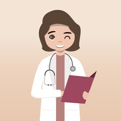 Fototapeta premium Front view doctor character. Doctor character creation set with face emotions, poses and gestures. Cartoon style, flat vector illustration.Female doctor. finger pointing up, holding clipboard.