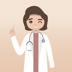 Fototapeta premium Front view doctor character. Doctor character creation set with face emotions, poses and gestures. Cartoon style, flat vector illustration.Female doctor. finger pointing up, holding clipboard.