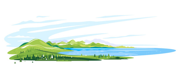 Lake near the green mountains with spruce forest around on white background, nature tourism landscape illustration isolated, sample creative panorama of mountains