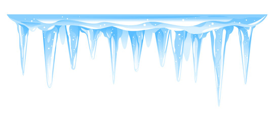 Blue frozen icicle cluster hanging down from snow-covered ice surface, big quality detailed group of icicles isolated, carefully drop the icicles - obrazy, fototapety, plakaty