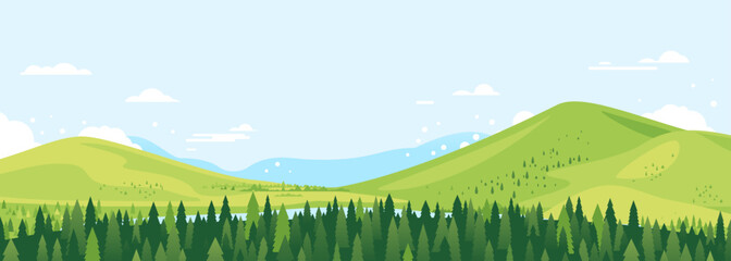Spruce forest top in summer day landscape background in simple geometric form, wildlife panorama with mountain hills and river in the valley in sunny day with blue sky, green triangular spruces - obrazy, fototapety, plakaty