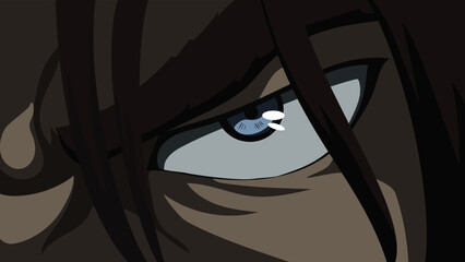 Web banner for anime, manga. Anime face with an evil expression from cartoon. Vector illustration
