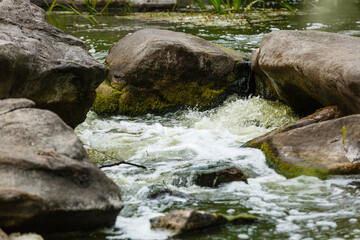 Naklejka na ściany i meble beautiful ripples on river flow over stones in summer