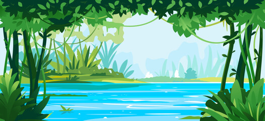 River flows through the jungle around different plants and trees with lianas, wildlife of tropical forest flooded with water, illustration of equatorial jungle