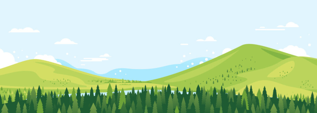 Spruce forest top in summer day landscape background in simple geometric form, wildlife panorama with mountain hills and river in the valley in sunny day with blue sky, green triangular spruces