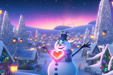 Snowman holding a heart. Valentines day snowman. Winter valentines day background. I love you card
