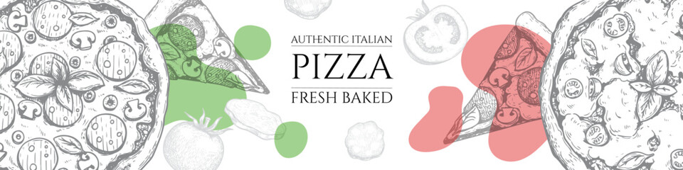 Italian pizza top view frame design template. Classic Italian food, pizzeria menu in sketch hand drawn style. Vintage vector illustration. Engraved image.