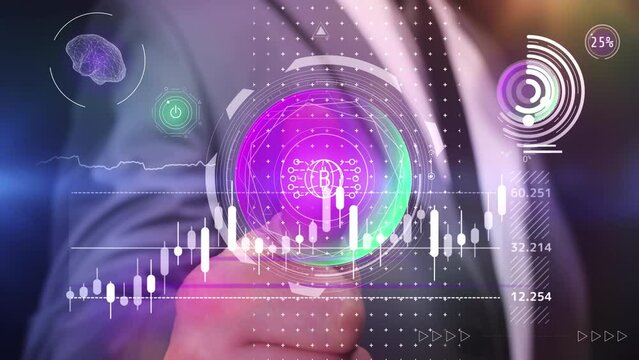 Bitcoin infographic is triggered by a finger.