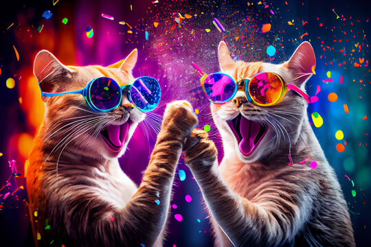 fröhliche Katzen mit bunten funky Brillen in Partystimmung. Generative Ai.