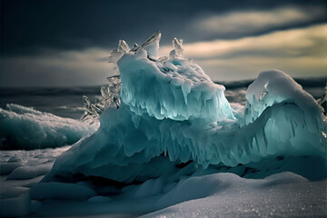 Blue Iceberg in the early morning on the frozen Siberian lake.