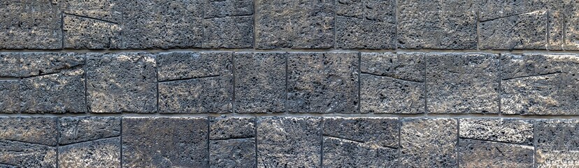 Dark gray ancient cracked brick wall panorama. Black brick wall for background