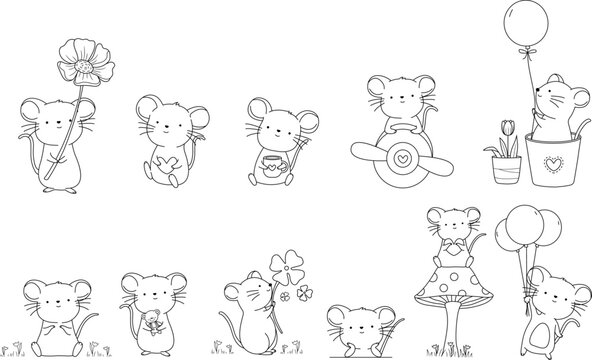 Cute mouse cartoon character  outline hand drawn doodle style, for printing,card, t shirt,banner,product.vector illustration