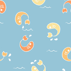 seamless pencil, crayon, grunge doodle hand drawing yellow tuna fish repeat pattern in blue background, animal concept, flat vector illustration design