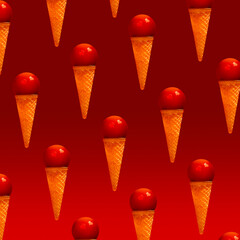 Creative aesthetic summer sunset love scene. Ice cream cone with glass sphere and two red hearts. Monochromatic colors from blood to guardsman red. Surreal summer sunset sky, love or Valentine' Day.