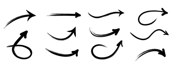 Set of black grunge arrows. Hand drawing curved arrows. Abstract pointer, direction, way.
