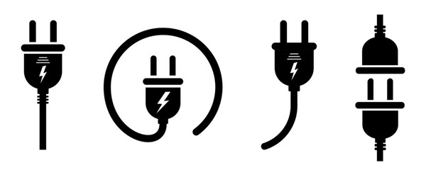 Set of electric plug vector icons on white background. Electrical cord or cable. Electric power. Vector 10 EPS. - obrazy, fototapety, plakaty