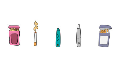 Set og different types of cigarettes e-cigarette vape 