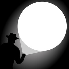 silhouette man hoding a flashlight shining on the wall for copy space. business, illustration, vector, website, graphic resource, article, promotion, banner, sale, print, black and white - obrazy, fototapety, plakaty
