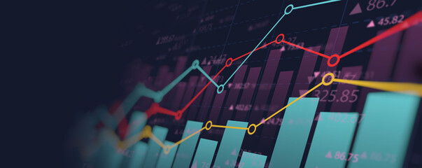 Financial graph with up trend line chart and numbers in stock market on neon color Widescreen background
