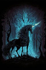 unicorn in the dark fantasy forest, Generative AI
