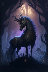 Obraz na płótnie Canvas dark unicorn at dark forest, Generative AI