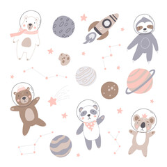 Big set of cute bear astronauts in space, with planets, stars, rocket and constellation. Hand drawn vector illustration. Scandinavian style flat design. Brown, polar and panda bear, sloth and koala.
