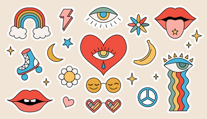 Set of vector elements retro vintage 70s groovy hippy style stickers. Cartoon flowers, rainbow, lips, eyes with tear, roller-skates and sunglasses.