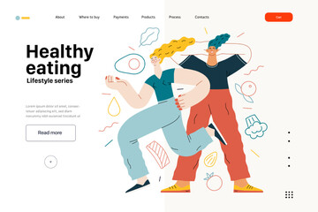 Lifestyle web template - Healthy eating - modern flat vector illustration of a woman and a man practicing healthy balanced diet. People activities concept