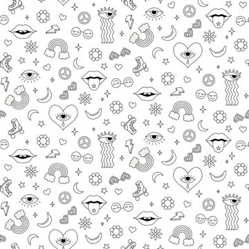 Seamless vector pattern retro vintage 70s groovy hippy style. Doodle flowers, rainbow, lips, eyes with tear, roller-skates and sunglasses.