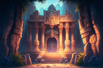 Concept art illustration of a magical Mayan temple into the forest. Entrance of an Aztec temple. Video game background art. Game design asset.