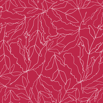 Abstract line art leaves seamless repeat pattern. Random placed, vector modern botany all over surface print on magenta background.