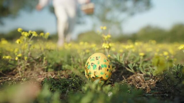 A girl with a basket runs through a field of yellow flowers and props up an Easter yellow Egg. Slow motion close-up