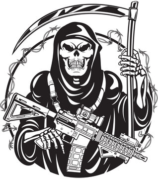 grim reaper holding ar15 assault rifle and schyte