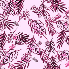 Leaves Background Watercolor. Colorful Leaves Backgrounds. Tropical Top View. Lilac Watercolor Foliage Pattern. Bright Vintage Hawaii Print. Rose Tropical Leaves Hibiscus.