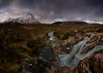 A view into Glencoe, Highlands, Scotland at sunset.